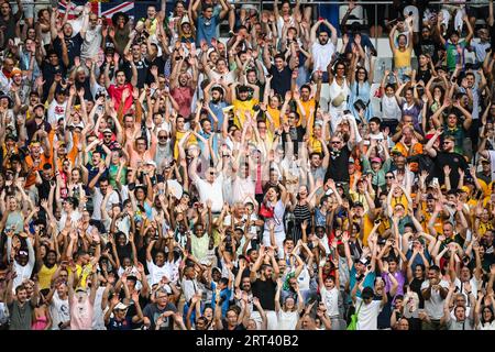 Saint-Denis, Frankreich, Frankreich. September 2023. Fans während der Weltmeisterschaft 2023, Pool-C-Spiel zwischen Australien und Georgien im Stade de France am 09. September 2023 in Saint-Denis bei Paris, Frankreich. (Bild: © Matthieu Mirville/ZUMA Press Wire) NUR REDAKTIONELLE VERWENDUNG! Nicht für kommerzielle ZWECKE! Stockfoto