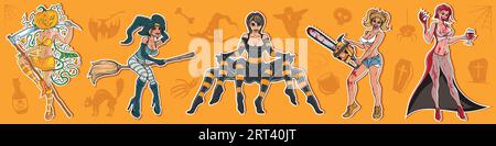 Halloween Vektoren Mädchen. Frohe Halloween-Party. Hexenbesen Reiten. Kürbismädchen. Aufkleber. Halloween-Set Stock Vektor