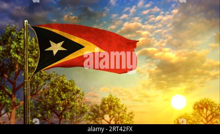 Wehende Flagge von Timor Leste bei Sonnenaufgang für nationale Feierlichkeiten - abstrakte 3D-Illustration Stockfoto