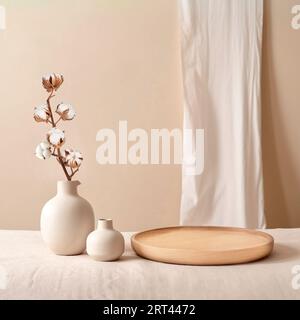 Beige Keramikvasen mit trockenen Baumwollzweigen. Eleganter und minimalistischer Hintergrund für die Präsentation Ihrer Produkte im Wohnzimmer. Skandinavisches Interieur. Mod Stockfoto