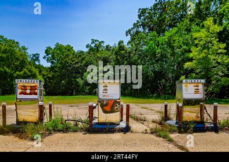 Verlassene Gaspumpen sind in Donna’s Grocery and Deli, 4. August 2023, in CODEN, Alabama, abgebildet. Stockfoto