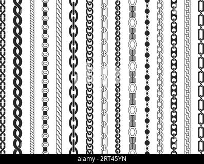 Kettenbürsten mit nahtlosem Muster. Kettenfaden, Schmuck, schwarze Silhouette. Technische Struktur, Maschinen- oder Kabelelemente anständiger Vektorsatz Stock Vektor