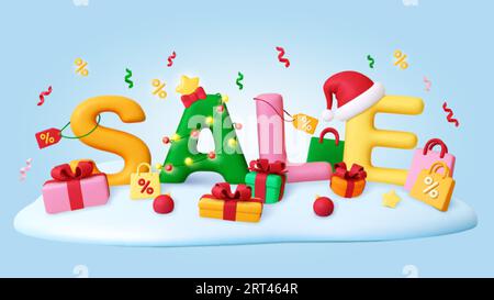 Weihnachtsverkauf 3D-Hintergrund. Lagern Sie Rabattbanner, Rendering-Geschenkboxen, Taschen auf Schneehügel und Konfetti. Xmas plasticine pithische Vektorgestaltung Stock Vektor