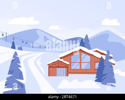 Winter gemütliches Chalet in den Bergen. Skigebietslandschaft, weihnachtsreisen und Erholung. Schnee Natur und Hänge, kickiger Vektorhintergrund Stock Vektor