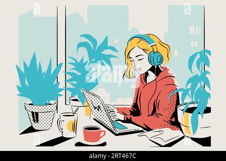 Frau, die im gemütlichen Arbeitsbereich arbeitet - Home Office mit Laptop, Kaffee und Pflanzen Stock Vektor