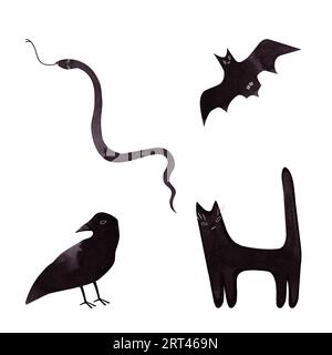 Set von Hexentieren: Katze, Fledermaus, Schlange, Rabe. Schwarze Silhouetten mit Tinte und Aquarellfarben. Isolierte handgezeichnete Illustration auf weißem Hintergrund. Halloween DE Stockfoto