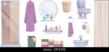 Badezimmerartikel. Toilettenhygieneelemente Dusche Sanitärausstattung exakte Vektor-Cartoon-Badezimmer-Werkzeuge Stock Vektor