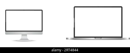 Realistisches graues PC-Monitormodell. Modernes Bürogerät. 3D-Vektorobjekt mit Schlagschatten Stock Vektor