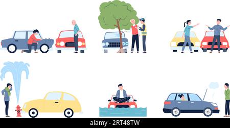 Autounfall mit Person. Unfallfahrzeuge auf der Straße, Verkehrsprobleme. Autounfälle, flache Transportkollision. Fahrzeug hat letzte Vektorszenen beschädigt Stock Vektor