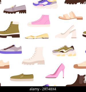 Schuhe mit nahtlosem Muster, Freizeitschuhe. Schuhe und Stiefel, Sandalen und Turnschuhe. Weibliche männliche trendige Fußaccessoires, sportlicher vektormodischer Hintergrund Stock Vektor