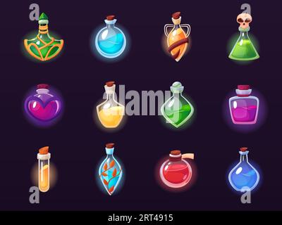 Zaubertränke, Zaubertränke. Chemie magische Flasche, halloween-Cartoon-Elixiere. Fantasy-Alchemie-Flüssig-Nowaday-Vektorsammlung Stock Vektor