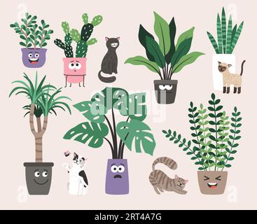 Sammlung von Hauspflanzen in Blumentöpfen mit Augen. Zimmerpflanzen in trendigen Hygge-Katzen. Einrichtung im urbanen Dschungel. Immergrüne Pflanzen in Pflanzgefäßen. Illustration von Pflanzenblumen, Zimmerpflanzen-Gartenarbeit Stock Vektor
