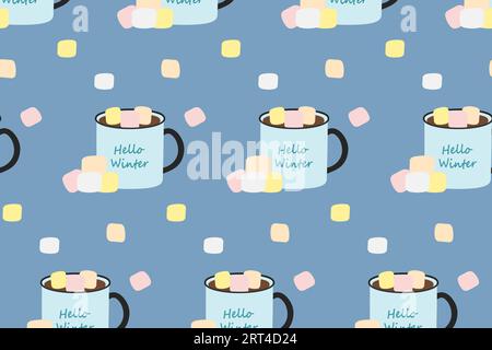 Nahtloses Wintermuster aus Tassen mit Beschriftung, warmen Getränken und Marshmallow in trendigen saisonalen Farben. Isolieren. Vektor. EPS. Design für Verpackung, Poster, Banner, Begrüßung oder Einladungen, Preis oder Etikett Stock Vektor
