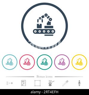 Flache Farbsymbole des werkseitigen Roboterarms in runden Konturen. 6 Bonussymbole enthalten. Stock Vektor
