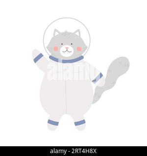 Niedliche Katze im Astronautenkostüm. Kätzchen Kosmonaut erforscht Universum Zeichentrickvektor Illustration Stock Vektor