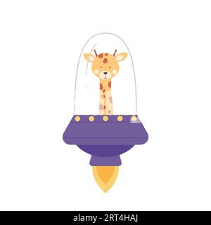 Niedliche Giraffe im Raumschiff. Giraffen-Astronaut fliegt, um die Universum-Zeichentrickvektor-Illustration zu erkunden Stock Vektor