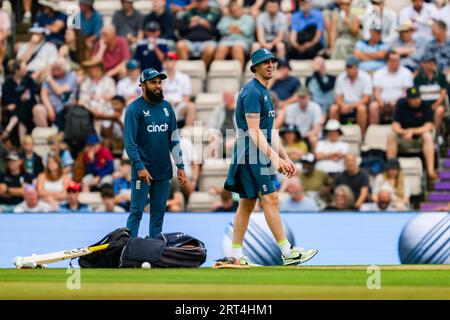 SOUTHAMPTON, VEREINIGTES KÖNIGREICH. 10. September 2023. Der ehemalige England Captain Andrew Freddie Flintoff trifft sich mit dem England Men’s Team in der Aufwärmphase während der England Men vs New Zealand - Metro Bank ODI Series beim Ageas Bowl am Sonntag, den 10. September 2023 in SOUTHAMPTON ENGLAND. Quelle: Taka Wu/Alamy Live News Stockfoto