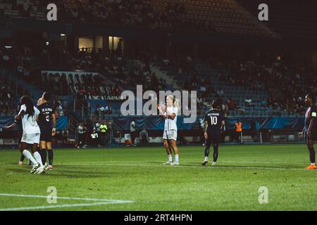 Troyes, Frankreich. September 2023. Lindsey Horan (26) von OL feiert während der trophée des Champions zwischen Olympique Lyonnais und Paris Saint Germain im Stade de l’aube in Troyes, Frankreich. (Pauline FIGUET/SPP) Credit: SPP Sport Press Photo. Alamy Live News Stockfoto