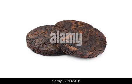 Disc shaped traditional Chinese pu-erh tea isolated on white Stock Photo