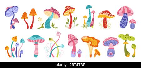 Pilze mystische Boho-Magie-Set. Stylizes Hippie-giftige und essbare Pilze. Organische Porcini und Pfifferlinge, psychedelischer Pilz. Tätowierung oder Aufkleber Retro Alchemie Kollektion Vector Stock Vektor