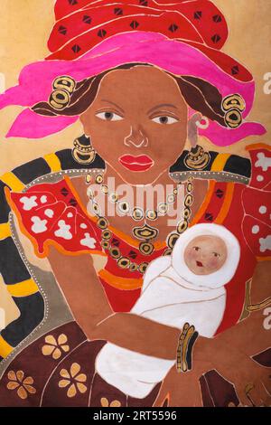 Primitive kindliche, alte afrikanische Malerei auf Leinwand einer Mutter mit ihrem neugeborenen Kind, Ausdruck von Liebe und Fürsorge, Stockfoto