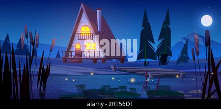 Nächtliches Holzhaus in der Nähe des Bergsees. Vektor-Karikaturillustration der gemütlichen Glamping-Hütte mit gelbem Licht in Fenstern und Veranda, Pier über Wasser, Tannen und Gras, Vollmond glühend im Sternenhimmel Stock Vektor