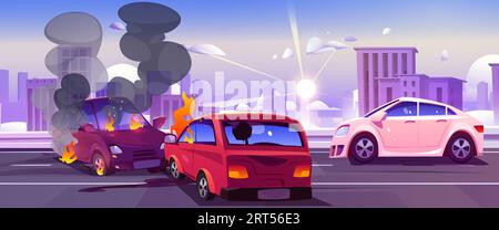 Autounfall auf der Straße in der Stadt - Frontalaufprall zwischen zwei Autos auf der Straße mit der Skyline der Stadt. Beschädigte Fahrzeuge mit Feuer und Rauch. Zeichentrickvektorillustration des ungeschützten Autofahrens. Stock Vektor