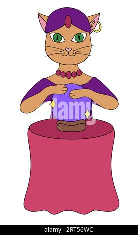 Cat-Wahrsagerin. Die Zukunft im Zauberball lesen. Magie und Esoterik. Vektor-Illustration. Stock Vektor