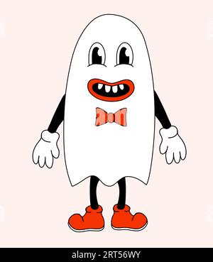 Retro-Hippie Groovy Halloween Ghost Cute Boy. Vektor flach. Stock Vektor