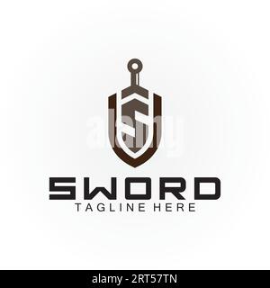 Schwert- und Schild-Logo mit Buchstabe S Stock Vektor