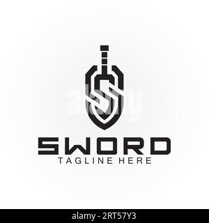 Schwert- und Schild-Logo mit Buchstabe S Stock Vektor