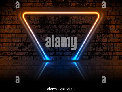 Blau-orange Neon-Dreieck-Rahmen auf dunklem Grunge-Hintergrund mit Reflexion. Alte leuchtende Ziegelwandtextur. Vector-Technologie leuchtendes Design Stock Vektor