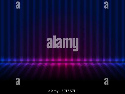 Wand und Boden mit blauen und ultravioletten Neonstreifen. Abstrakter Retro-Hintergrund der leeren Bühnentechnologie. Futuristisches, leuchtendes Grafikdesign. Moderner Vektor i Stock Vektor