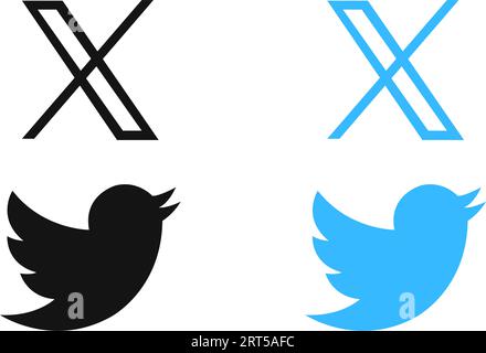 X Neues Twitter-Symbol. Twitter benennt Little Bird auf X-Buchstaben-Symbol um. Twitter X neuer Logo-Vcetor. Elon Musk ändert das Social-Media-Logo Novation. Set aus TWI Stock Vektor