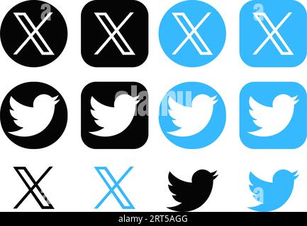 Twitter X neuer Logo-Vcetor. X Neues Twitter-Symbol. Set mit neuem und altem runden und quadratischen Twitter-Logo. Twitter benennt Little Bird auf X-Buchstaben-Symbol um. Elon Stock Vektor