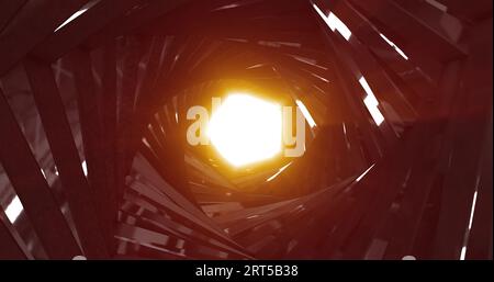 Ein sich drehender Tunnel mit Wänden aus Metallstäben und Pentagonlinien mit Reflexionen von hellen, leuchtenden Sonnenstrahlen. Abstrakter Hintergrund. Stockfoto