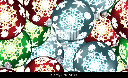 Festlich schöne Weihnachtswintertextur, Geschenkverpackung mit einem nahtlosen Muster für das neue Jahr aus bunten runden Kugeln, Weihnachtsbaumdekoration Stock Vektor