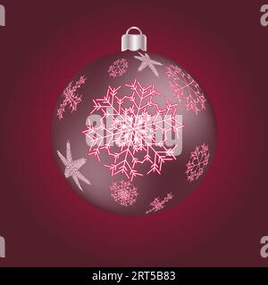 Schöne festliche Weihnachtspostkarte mit einer Neujahrsrunde lila Kugel, eine Weihnachtsbaumdekoration mit Schneeflockenmuster. Stock Vektor