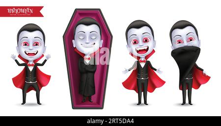 Halloween dracula Charaktere Vektor Set Design. Halloween-Vampirfigur mit umhang und Gewand, die in Sargelementen in weiß isoliert schläft Stock Vektor