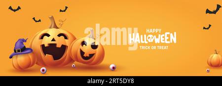 Halloween Text Vektor Design. Fröhliche halloween-Tricks oder -Leckereien in orangefarbenem Raum mit Kürbislaternen-Elementen. Vektor-Illustration Party Stock Vektor