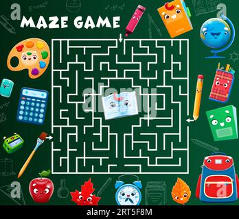 Labyrinth-Labyrinth-Spiel. Hilfe bei der Zeichentrickschule Briefpapier Charaktere finden einen Freund. Kinder Puzzle Vektor Arbeitsblatt aus quadratischem Labyrinth mit lustigen Figuren von Bleistift, Buch, Farbe und Pinsel, Notizbuch, Rucksack Stock Vektor