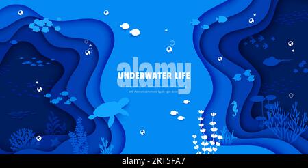 Landingpage, Meerespapier, das Unterwasserlandschaften mit Fischen und Meerestieren schneidet, Hintergrund der Vektor-Website-Vorlage. Unterwasser-Papercut-Landschaft mit Korallenriffschildkröten, Stachelrochen und Seepferdchen Stock Vektor