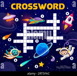 Space Crossword-Quiz-Spiel. Wortsuche Rätsel, Kreuzworträtsel-Vektor-Arbeitsblatt oder Vokabular Kinder spielen Aktivität mit Alien und Jungen Astronauten fröhliche Charaktere, Raumschiff fliegen im Weltraum Stock Vektor