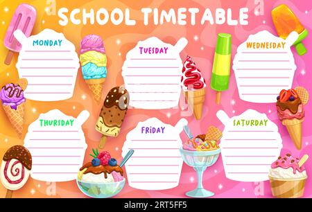 Zeitplan für die Ausbildung. Cartoon-Eiscreme, Eisbecher, Schokoladenstab und Vanilleschale. Kinderunterricht und Unterricht Vektorfahrplan mit Eisbecher Waffelkegel, Obstpopsicle und Schokoladeneis Stock Vektor
