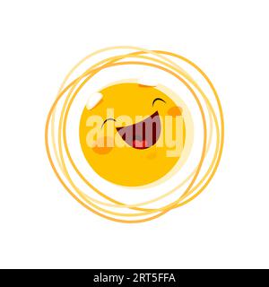 Zeichentrick lachende Sonnenfigur. Isoliertes vektorpositives Emoticon. Niedliche Persönlichkeit mit lustig fröhlichem Gesicht und ausdrucksstarken Augen, die Glück ausstrahlen und Wärme mit ansteckendem Lachen verbreiten Stock Vektor