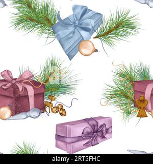 Nahtloses Muster von Geschenkboxen, digitale Illustration für Weihnachtsdekorationen isoliert auf weiß. Kiefernzweig, Hirsch, Engel von Hand gezeichnet. Element Stockfoto