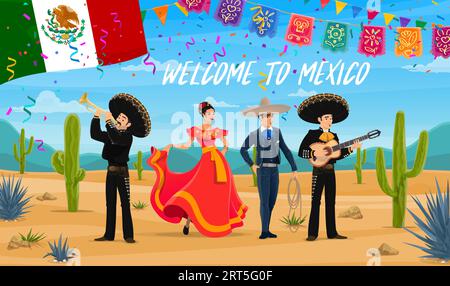 Willkommen im mexikanischen Reisebanner mit mexikanischen Nationalfiguren. Mariachi-Musikerband, Flamenco-Tänzerin und Matador. Cinco de Mayo Musikfestival, Party oder fiesta Karneval Feier Stock Vektor