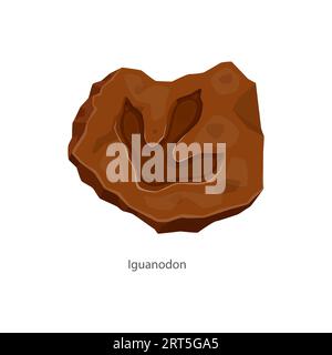 Antike Leguanodon-Dinosaurier-Funde, Fossilien aus Archäologie und Paläontologie. Isolierter Vektorfußabdruck. Comic jurassic wissenschaftliche Museumsgegenstand, Dino Tier Pfoten Druck in Stein Stock Vektor