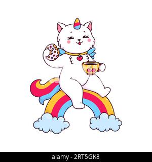 Eine süße Karikaturfigur aus Katicorn und Kätzchen, die auf dem Regenbogen sitzt und leckeren Donut und Tee genießt. Isolierte Vektorfeline Einhornpersönlichkeit in einer magischen bezaubernden Welt voller Lachen und Glück Stock Vektor