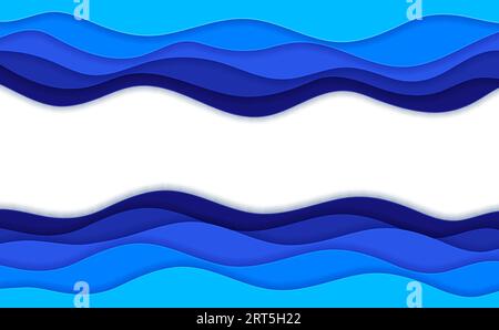 Meerespapier Schnitt Wellen und Wellen und Surfkurven, Vektorkopien Raum Hintergrund. Wellenströmungsrahmen mit Papercut-Seenot und Ozean wellenförmigen Wellen und Wellen in Papierausschnittschichten Stock Vektor